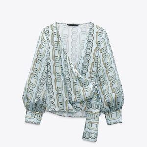 Zara New Sky Blue Chain‎ Print Long Balloon Sleeves Wrap Shirt Size L Holiday